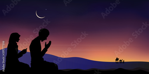 Silhouette Muslim man and woman making a supplication (salah)sitting on desert sand,Arab family and camel walking,Islamic mosque at night with crescent moon and star, Ramadan Kareem background
