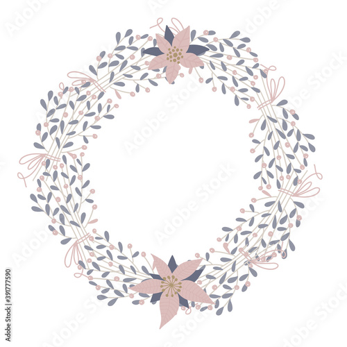 Cute and elegant vector floral round frame. Pastel tone plant circle winter badge and emblem. Christmas wreath. Flat vector illustration in hygge style