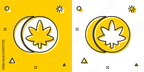 Black Herbal ecstasy tablets icon isolated on yellow and white background. Random dynamic shapes. Vector Illustration.