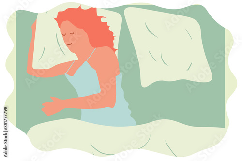 Woman sleeping on bed. Good dreams. Single woman resting time. Comfortable relaxation vector illustration.