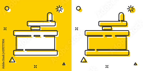 Black Manual grinder icon isolated on yellow and white background. Random dynamic shapes. Vector Illustration.