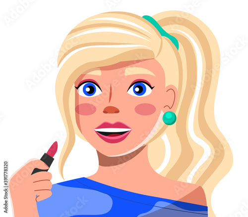 Beautiful blond young girl with pink lipstick in her hand teaches how to do makeup. Master class about decorative cosmetics. Bright makeup. Blogger, streamer, model. Educational master class online