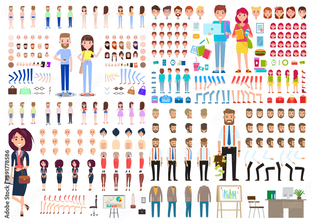 Big set of different characters. Collection businesswoman, businessman, young couple body parts, clothes, accessories, hairstyles, gestures. Front, side and back view. Comic characters. DIY kit Big set of different characters. Collection businesswoman, businessman, young couple body parts, clothes, accessories, hairstyles, gestures. Front, side and back view. Comic characters. DIY kit