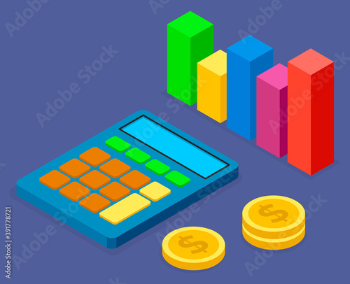 Cartoon calculator with big buttons, drain of cent coins or dollars, symbolic image of colorful bar chart. Count money, accumulation means, wealth. Shopping, trade relations, world trade. E-commerce
