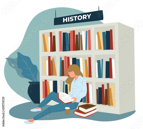 Woman or student reading history books in store