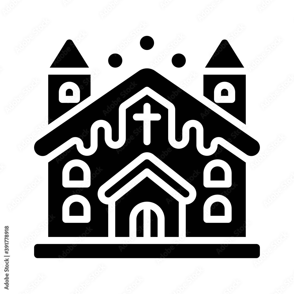 snow town in winter related church buildings with ice and cross sign in solid design,