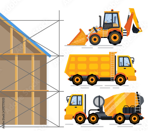 Construction equipment vector, crane and excavator vector, Building with planks and bulks, cement mixer and truck transporting heavy items and cargo
