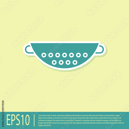 Green Kitchen colander icon isolated on yellow background. Cooking utensil. Cutlery sign. Vector Illustration.