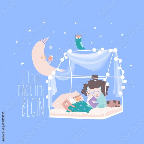Cute little kid girl reading book in bedroom for her toys
