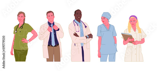 Set of doctors characters. Medical team concept in vector illustration design. Medical staff doctor nurse therapist surgeon professional hospital workers, group of medics.