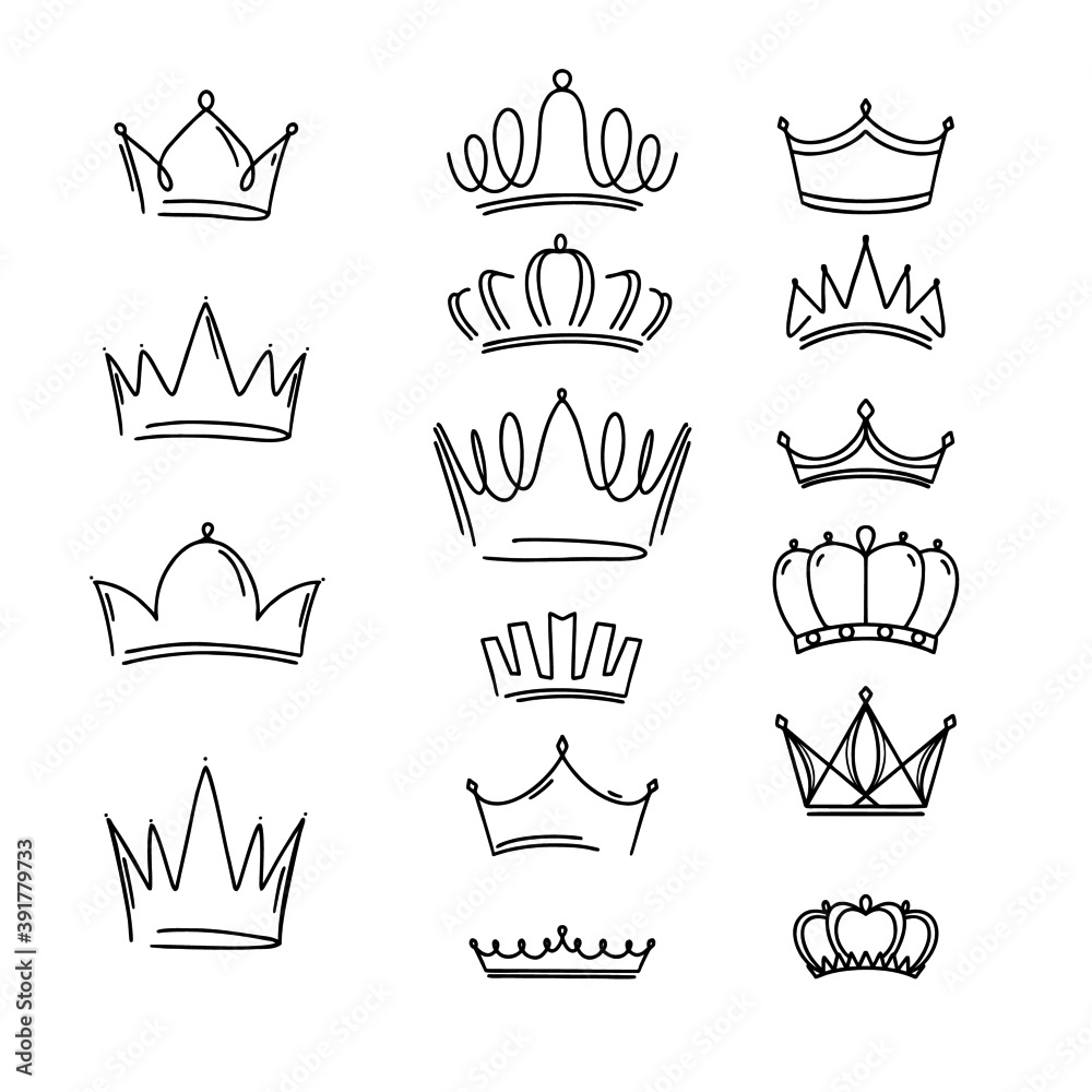 Crowns Set. Cute hand draw sketch. Cartoon style silhouette & outline. For production of the pattern, children's clothing, greeting card, poster, wallpaper. Crowns Set. Cute hand draw sketch. Cartoon style silhouette & outline. For production of the pattern, children's clothing, greeting card, poster, wallpaper.
