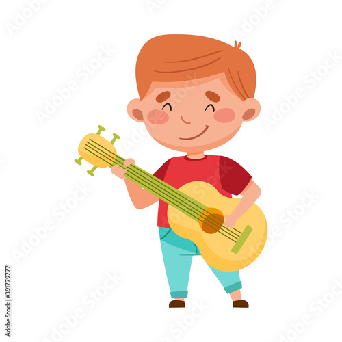 Red Haired Little Boy Playing Guitar Vector Illustration