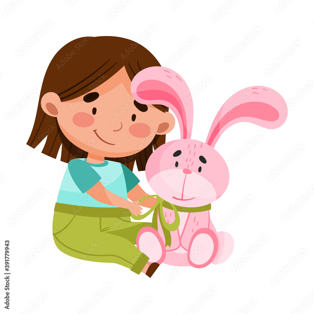 Little Girl Sitting on Floor and Playing with Toy Hare Vector Illustration Little Girl Sitting on Floor and Playing with Toy Hare Vector Illustration