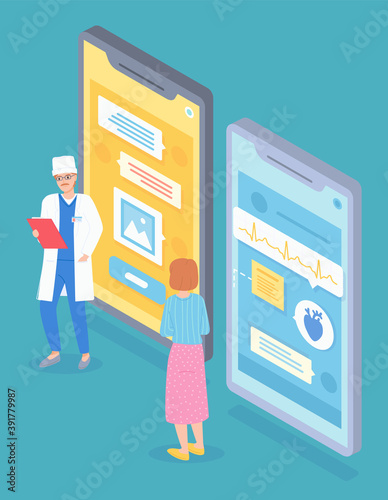 Isometric illustration of online medicine service. Doctor examines a woman patient with smartphone. Heart problems message on smartphone screen. The study of medical tests. Online diagnostics concept