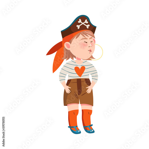 Playful Freckled Boy Character in Corsair Hat Playing Pirate Vector Illustration