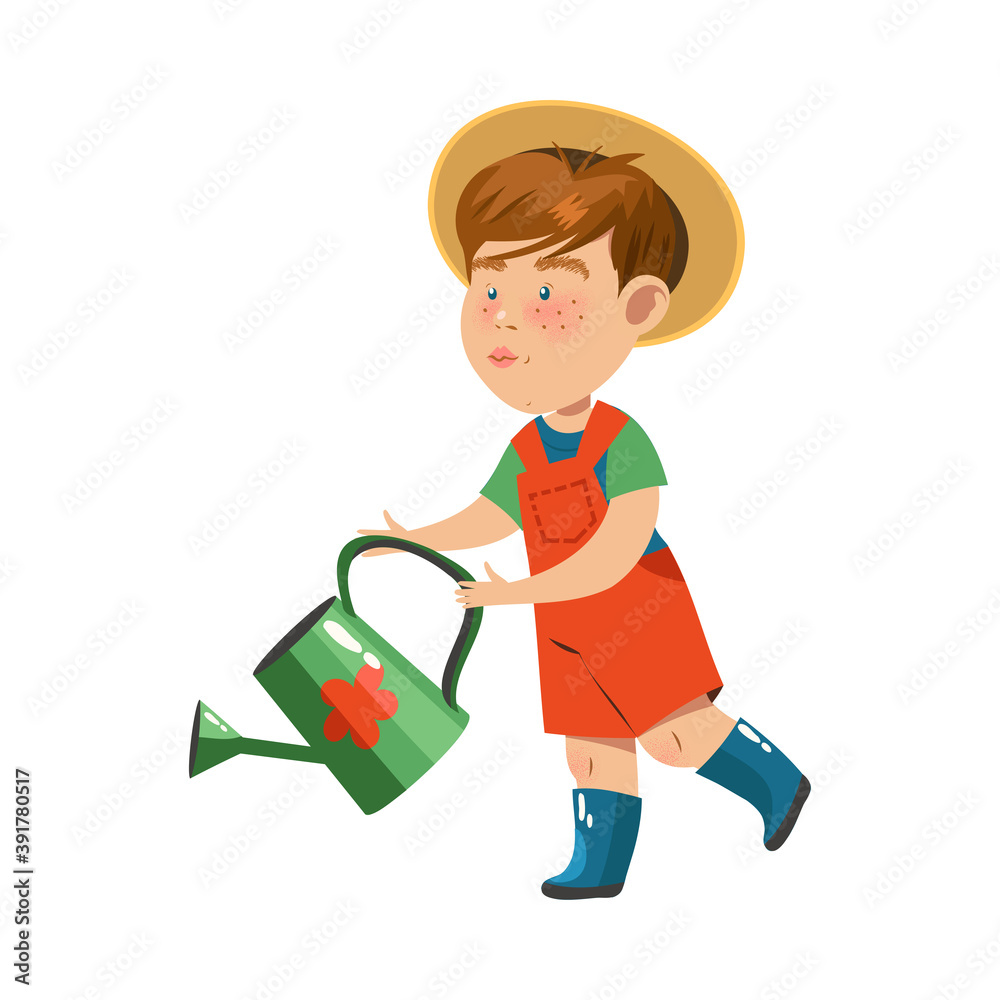 Freckled Boy in Red Shortalls and Wide Brimmed Hat Holding Watering Can Vector Illustration Freckled Boy in Red Shortalls and Wide Brimmed Hat Holding Watering Can Vector Illustration