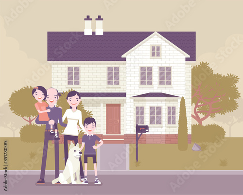 Happy family standing in front of own house. Homeowners dream, new property building for parents and kids, real estate, lovely home, cottage mortgage agreement. Vector creative stylized illustration
