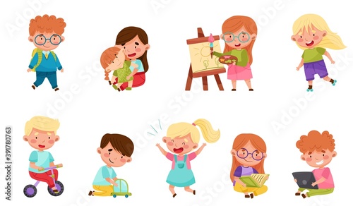 Cute Little Boys and Girls Playing Toys and Having Fun Vector Set