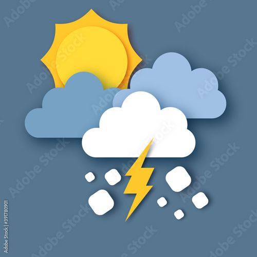 Hail storm. Sun, Rain Clouds and Lightening Bolt. Paper cut weather. Storm time.