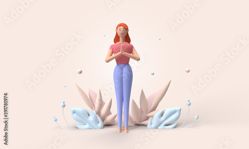 Illustration 3D d'une jeune femme faisant du yoga. posture zen. posture méditation. Ambiance zen. bien être