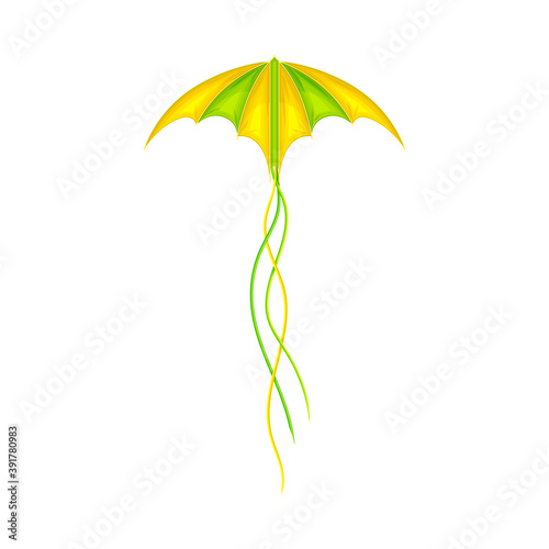 Shaped Yellow and Green Kite as Tethered Craft with Wing Surface and Tail Vector Illustration
