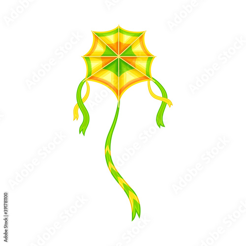 Shaped Yellow and Green Kite as Tethered Craft with Wing Surface and Tail Vector Illustration