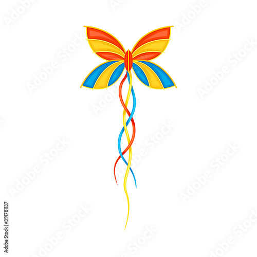 Shaped Yellow and Red Kite as Tethered Craft with Wing Surface and Tail Vector Illustration