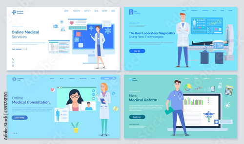 Set of healthcare site templates. Colorful landing pages. Online medical service, best laboratory diagnostics, new medicine reform, medical consultation. Online medicine concept. Flat images