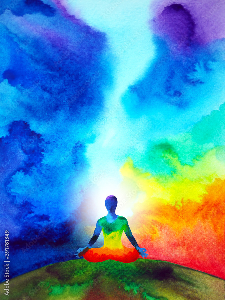 Naklejka human meditate mind mental health yoga chakra spiritual healing abstract energy meditation connect the universe power watercolor painting illustration design drawing art