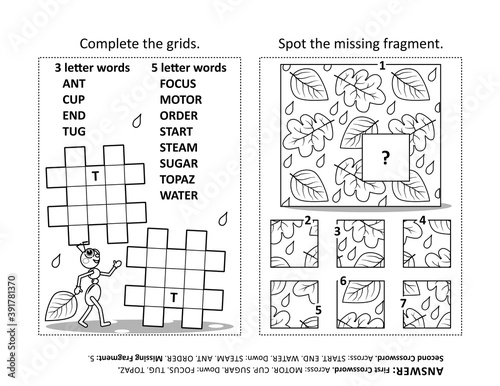 Activity page with two puzzles. Fill-in crossword puzzle or word game. Spot the missing fragment of the picture. Black and white. Answers included.
