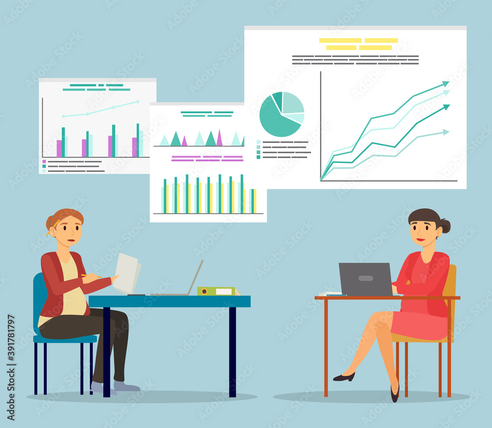 Two pregnant women sit by table at office. Future mothers working on laptop and with papers. Businesswomen on workplace in parlor. Diagrams and infographics on board. Vector illustration in flat style
