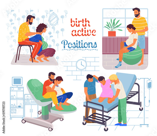 Pregnancy preparing, wife and husband make a position check in different poses. Exercising for pregnant woman, giving birth position or posture. Female character waiting for childbirth with caring man