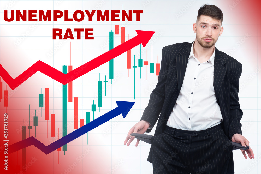 Unemployed was left without money. Growth in unemployment rate. Guy with empty pockets. Graph shows a deterioration in labor market. Forecast for growth of unemployed. Unemployment rate statistics Unemployed was left without money. Growth in unemployment rate. Guy with empty pockets. Graph shows a deterioration in labor market. Forecast for growth of unemployed. Unemployment rate statistics