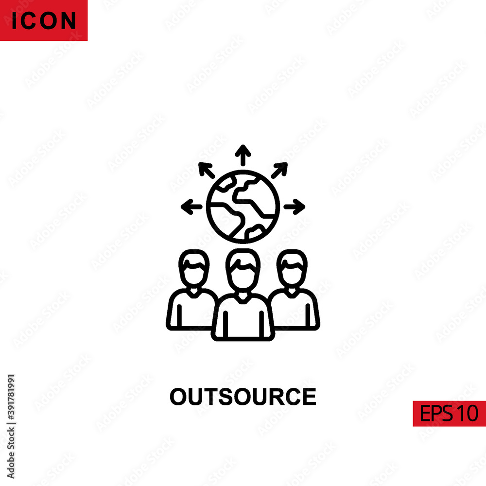 Icon outsource with work team and world arrows. Outline, line or linear vector icon symbol sign collection Icon outsource with work team and world arrows. Outline, line or linear vector icon symbol sign collection