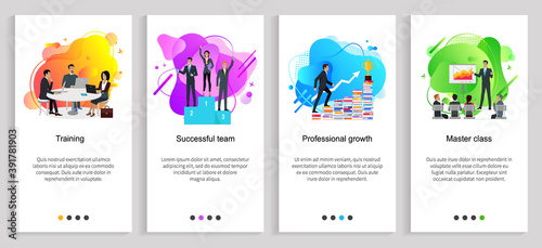 Professional growth vector, successful team and master class of businessman, overcoming obstacles on training, gathering of company partners. Website or slider app, landing page flat style