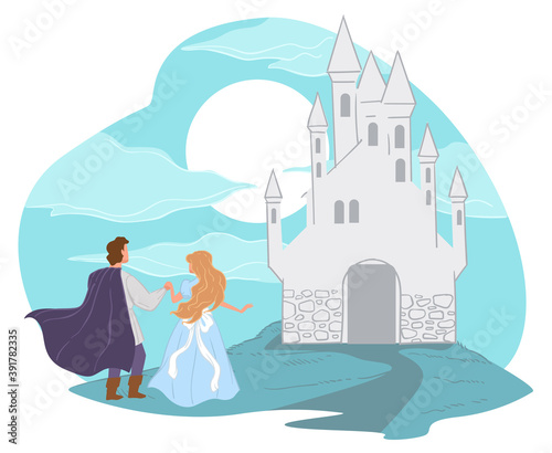 Prince leading princess to kingdom, fairy tale