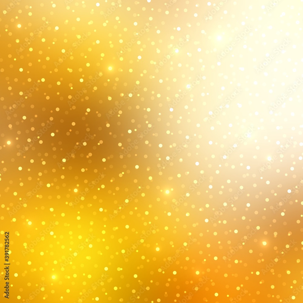 Lights and sparkles on yellow golden shiny background. Glittering texture for holidays design.