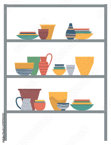 Cupboard with shelves and pottery products vector, isolated plates and bowls for kitchen. Decorative elements on vases and jars, cups and mugs flat style