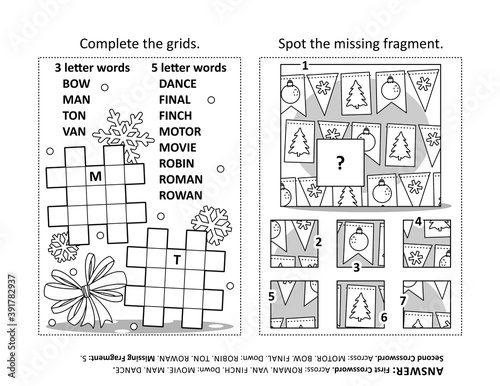 Activity page with two puzzles. Fill-in crossword puzzle or word game. Spot the missing fragment of the picture. Black and white. Answers included.
