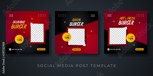 Editable delicious fast food social media post design, burger banner or poster, junk food. Restaurant hot menu on black and red design. Space for photo or image.