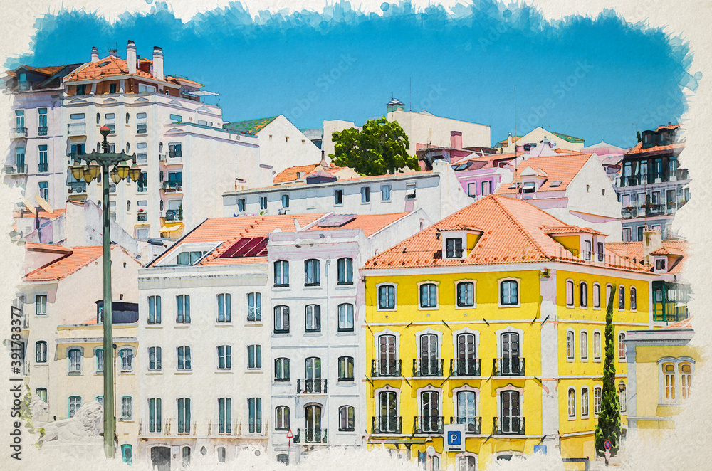 Watercolor drawing of Portugal, Lisbon in summer, street of Lisbon, beautiful yellow house among white houses in Lisbon, forged balconies on yellow wall, Lion statue in Lisbon