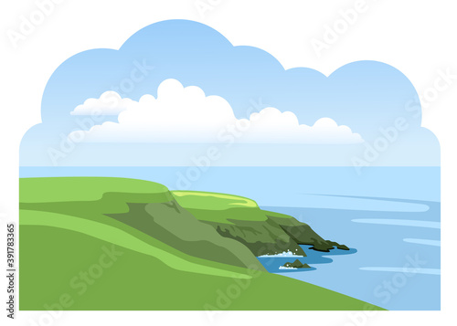 Green irish cliffed coast. Colorful panoramic landscape. Ocean scenic view. Colorful vector illustration.