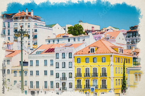 Watercolor drawing of Portugal, Lisbon in summer, street of Lisbon, beautiful yellow house among white houses in Lisbon, forged balconies on yellow wall, Lion statue in Lisbon