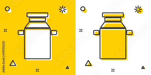 Black Can container for milk icon isolated on yellow and white background. Random dynamic shapes. Vector.