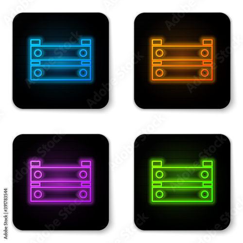 Glowing neon Wooden box icon isolated on white background. Grocery basket, storehouse crate. Empty wooden container for vegetables, products. Black square button. Vector.