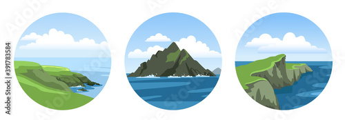Set of round sea landscapes with mountains, rocks, cliffs and blue sky with clouds. Colorful ocean scenic view. Vector illustration.