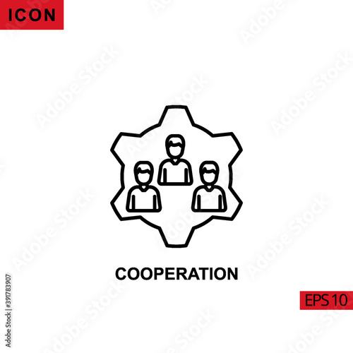 Icon cooperation with cog. Outline, line or linear vector icon symbol sign collection