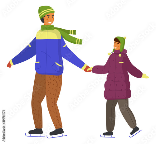 Father and daughter playing ice skating on rink outdoor in the winter season during christmas holiday. Happy smiling family holding hands, enjoy the snowfall, spend time together isolated on white
