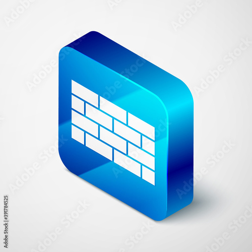 Isometric Firewall, security wall icon isolated on grey background. Blue square button. Vector.