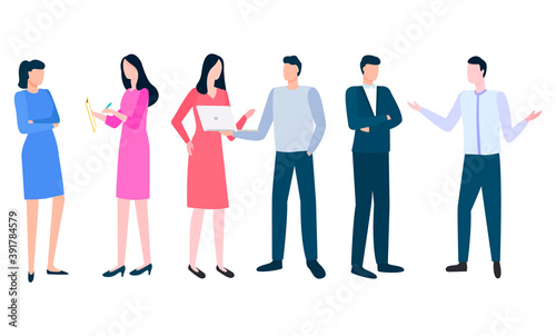 Successful managers leading conversations, man and woman discussing business issues. Vector people arguing how to write business plan, brokers cooperation